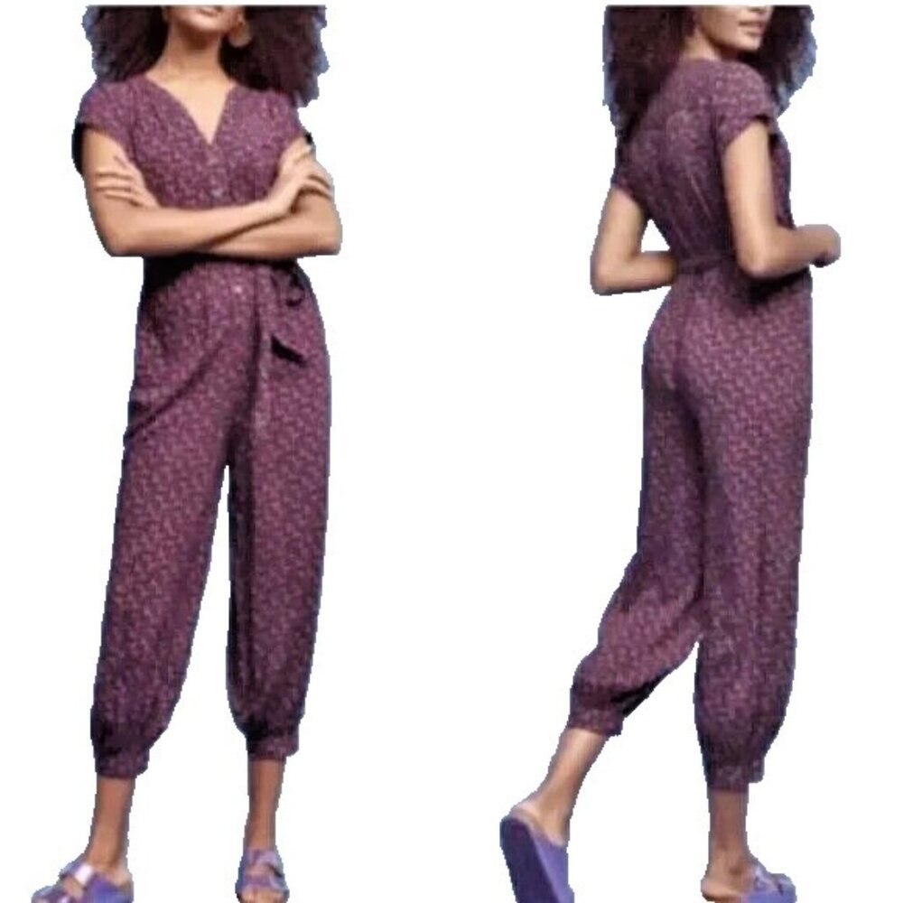 𝅺Anthropologie Maeve Crop Jogger Geoscope Jumpsuit  Womens Small Purple BOHO